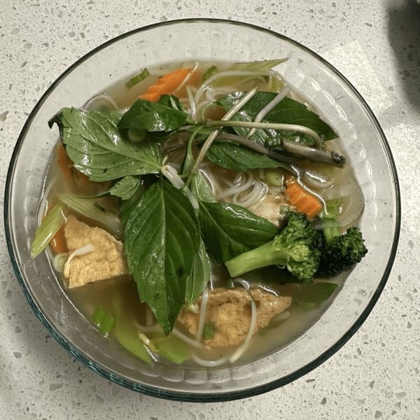 A bowl of Pho Saigon Basil's Vietnamese pho with noodles, vegetables, and tofu.